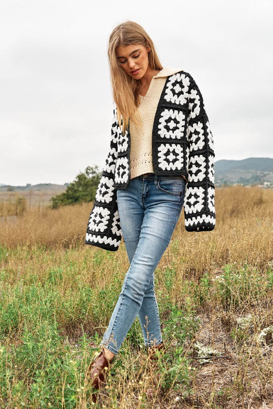 Two-Tone Floral Square Crochet Open Knit Cardigan - lolaluxeshop