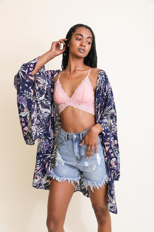 Tropical Leaves Draped Sleeve Kimono - lolaluxeshop