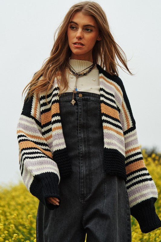 Chunky Knit Multi-Striped Open Sweater Cardigan - lolaluxeshop