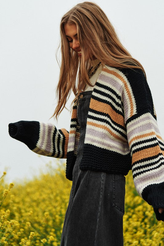 Chunky Knit Multi-Striped Open Sweater Cardigan - lolaluxeshop