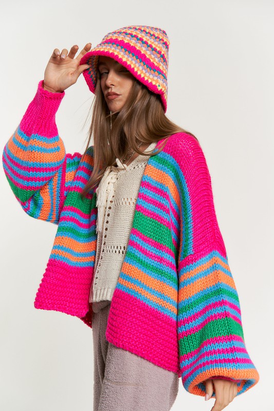 Chunky Knit Multi-Striped Open Sweater Cardigan - lolaluxeshop