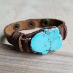 Blue Turquoise Slab on Narrow Leather Cuff - lolaluxeshop