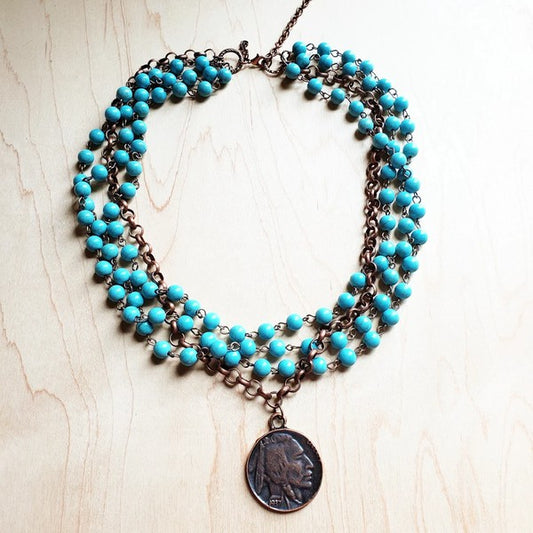 Blue Turquoise Collar Necklace with Indian Coin - lolaluxeshop