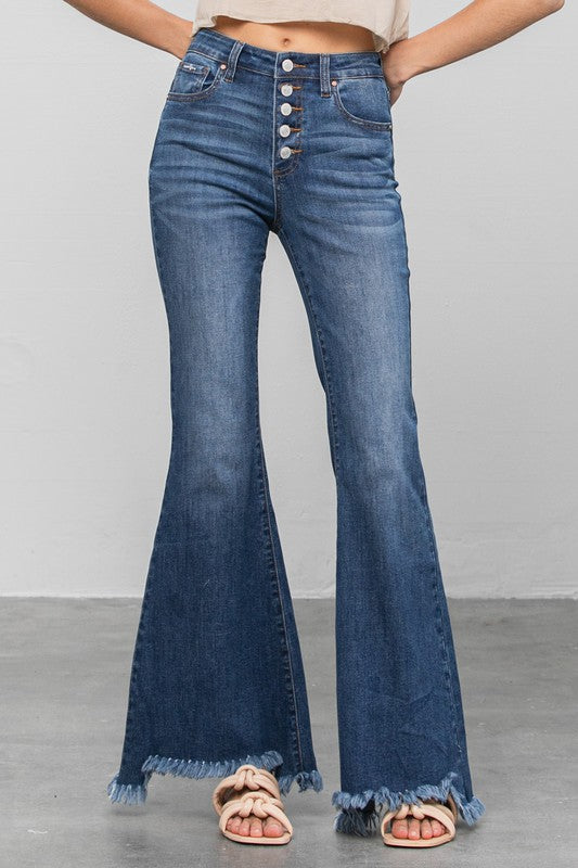 BUTTON DOWN WIDE FLARE JEANS - lolaluxeshop