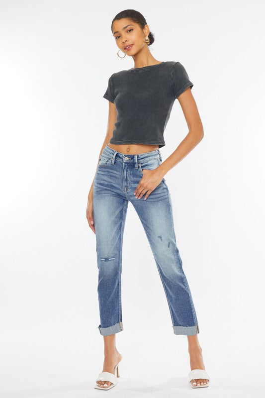 High Rise Cuffed Slim Straight Jeans - lolaluxeshop