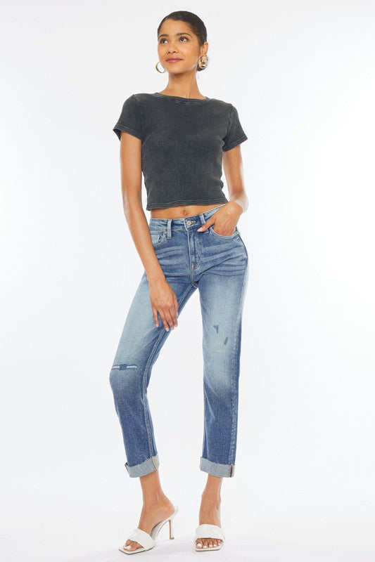 High Rise Cuffed Slim Straight Jeans - lolaluxeshop