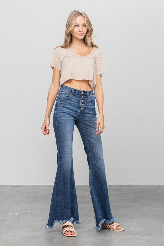 BUTTON DOWN WIDE FLARE JEANS - lolaluxeshop