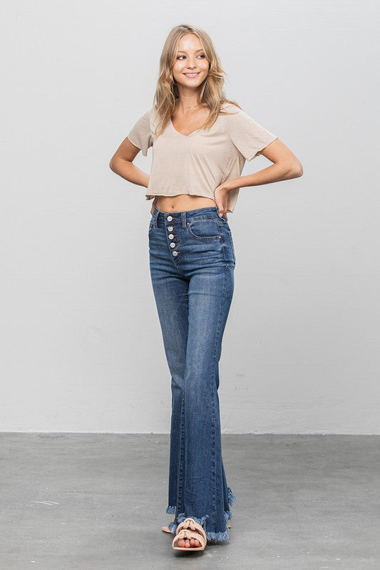 BUTTON DOWN WIDE FLARE JEANS - lolaluxeshop