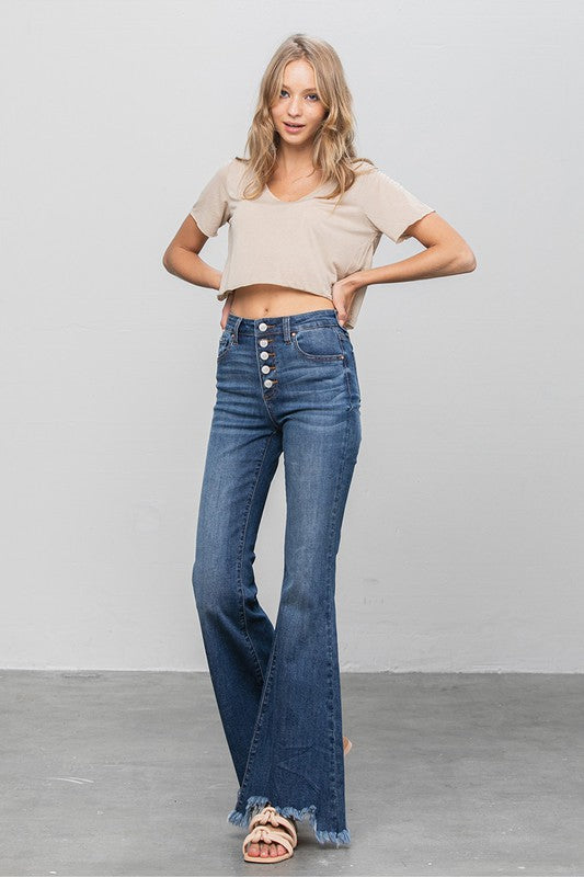 BUTTON DOWN WIDE FLARE JEANS - lolaluxeshop