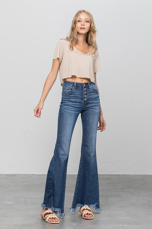 BUTTON DOWN WIDE FLARE JEANS - lolaluxeshop