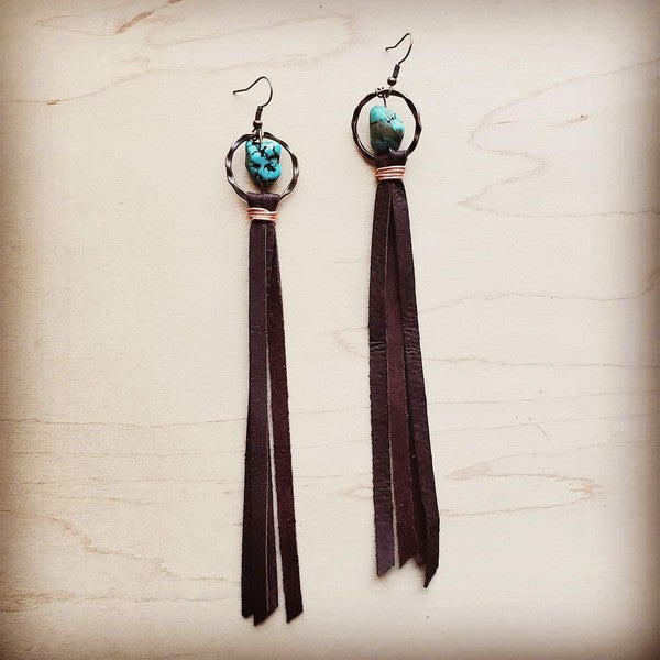 Turquosie Drop Earrings w/ Brown Leather Tassel - lolaluxeshop