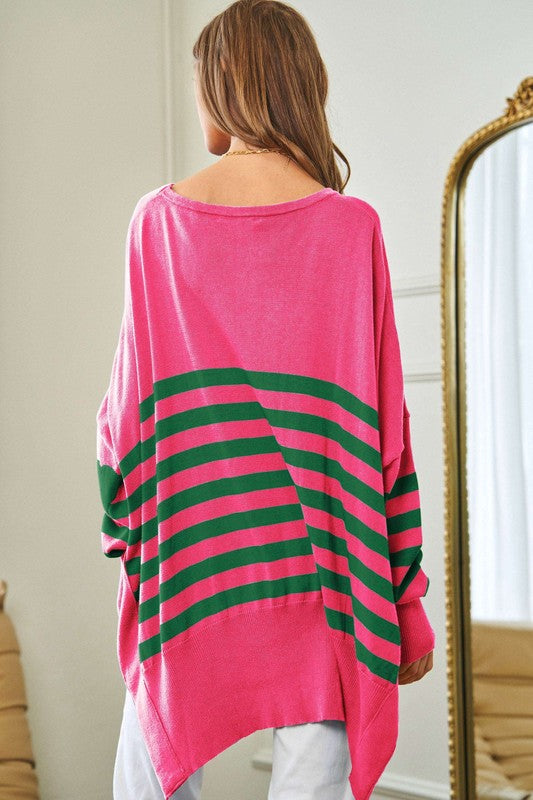 Multi Striped Elbow Patch Loose Fit Sweater Top - lolaluxeshop