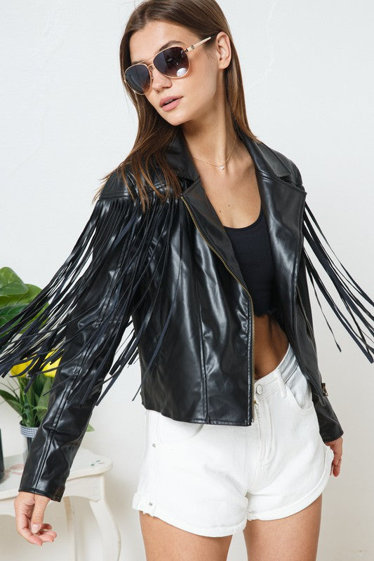 Faux Leather Moto Fringe Jacket - lolaluxeshop