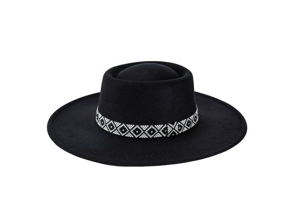 FLAT TOP FELT FEDORA WITH BOHO BAND - lolaluxeshop