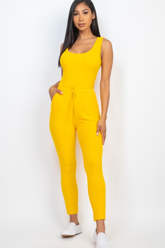 Ribbed Sleeveless Drawstring catsuits Jumpsuit - lolaluxeshop