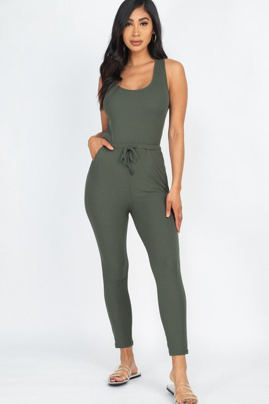 Ribbed Sleeveless Drawstring catsuits Jumpsuit - lolaluxeshop