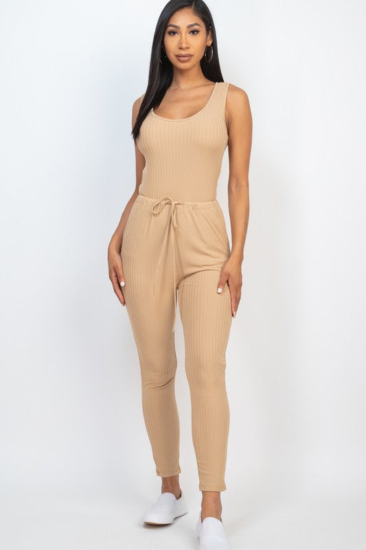 Ribbed Sleeveless Drawstring catsuits Jumpsuit - lolaluxeshop