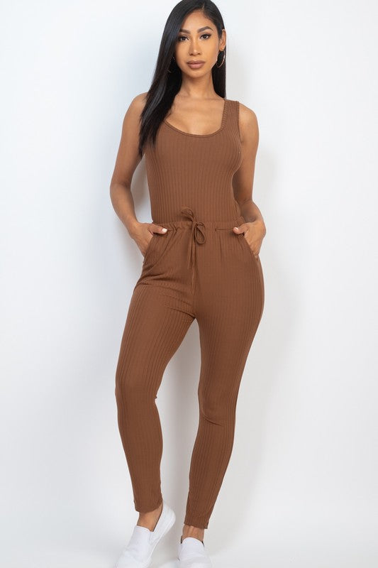 Ribbed Sleeveless Drawstring catsuits Jumpsuit - lolaluxeshop