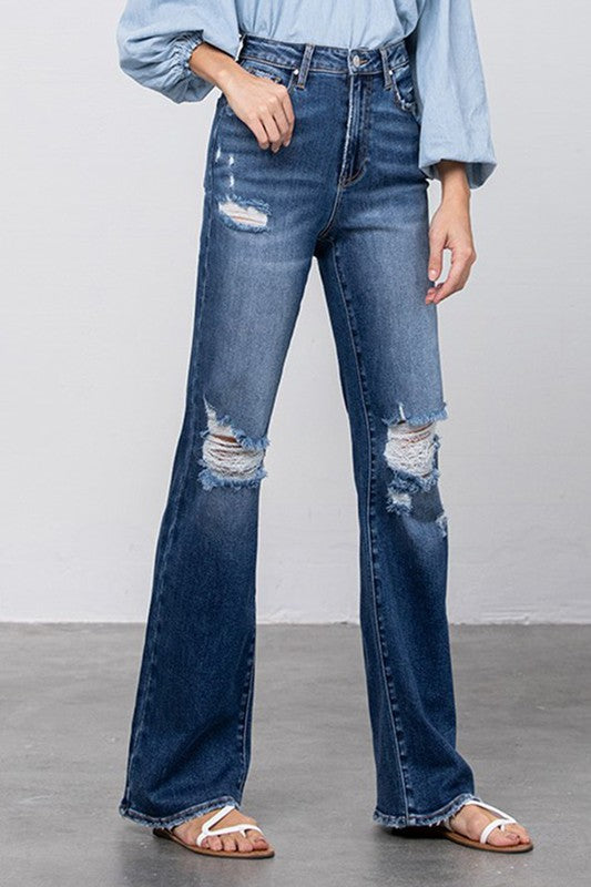 HIGH RISE FRAYED HEM FLARE JEANS - lolaluxeshop