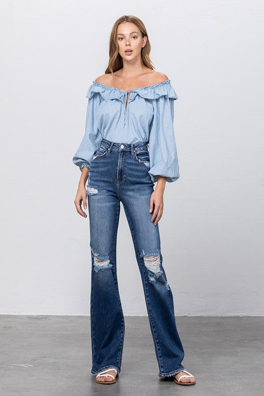 HIGH RISE FRAYED HEM FLARE JEANS - lolaluxeshop