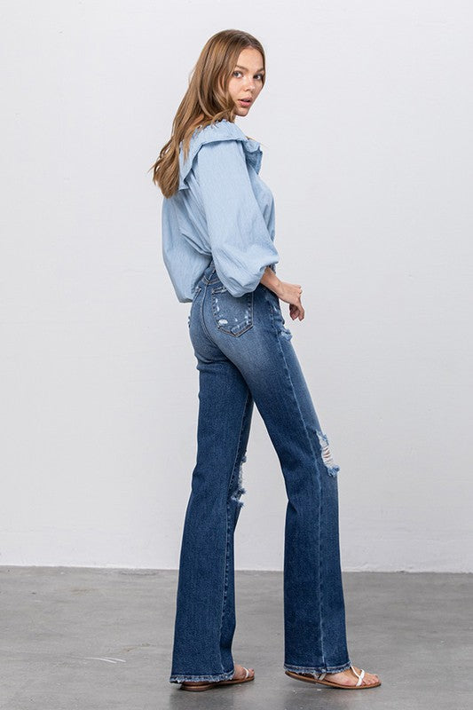 HIGH RISE FRAYED HEM FLARE JEANS - lolaluxeshop