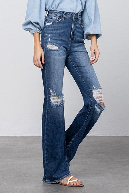 HIGH RISE FRAYED HEM FLARE JEANS - lolaluxeshop