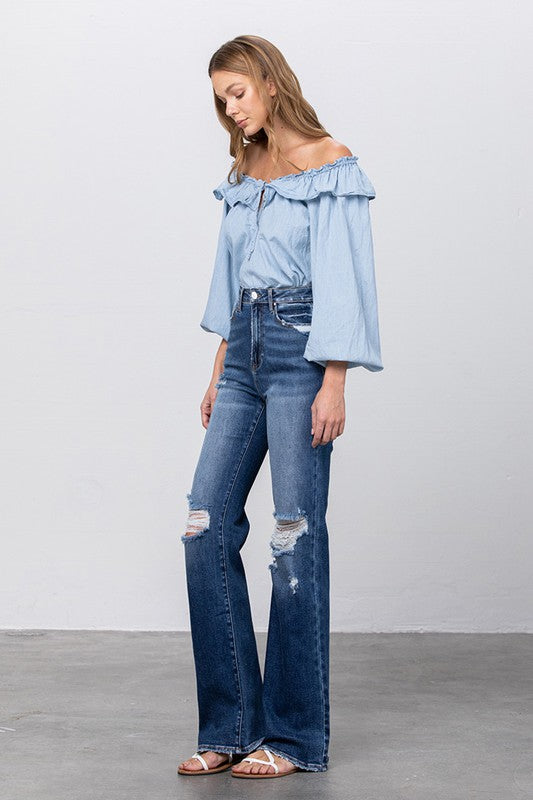 HIGH RISE FRAYED HEM FLARE JEANS - lolaluxeshop