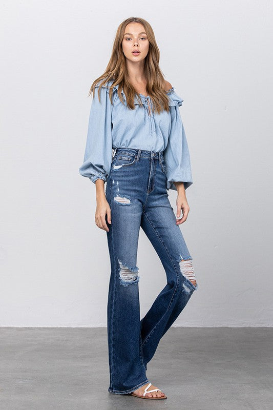 HIGH RISE FRAYED HEM FLARE JEANS - lolaluxeshop