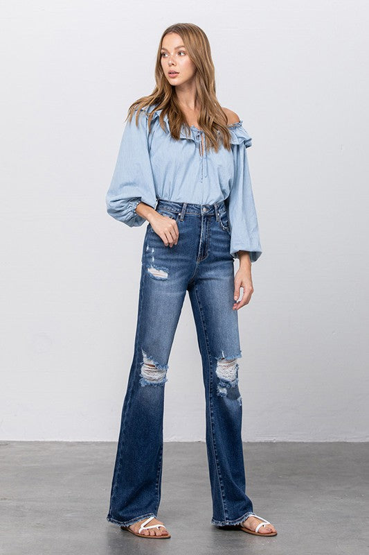 HIGH RISE FRAYED HEM FLARE JEANS - lolaluxeshop