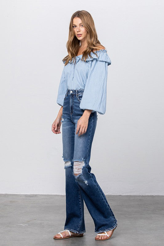 HIGH RISE FRAYED HEM FLARE JEANS - lolaluxeshop