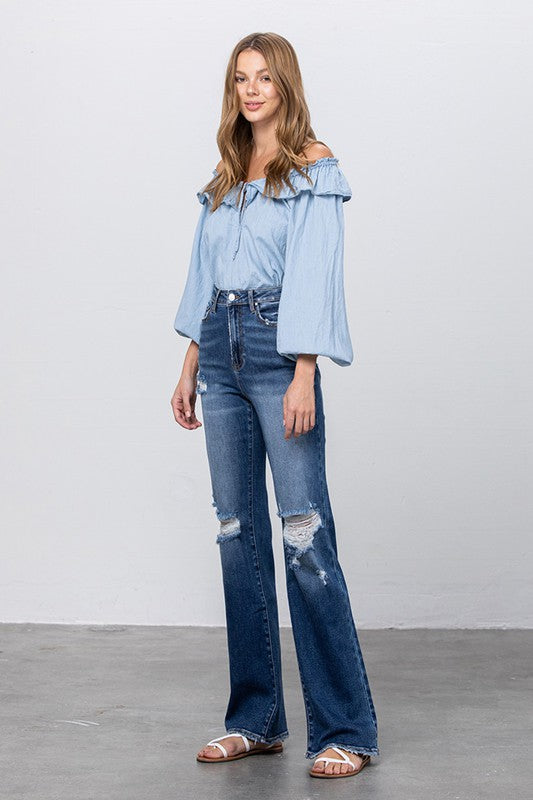 HIGH RISE FRAYED HEM FLARE JEANS - lolaluxeshop