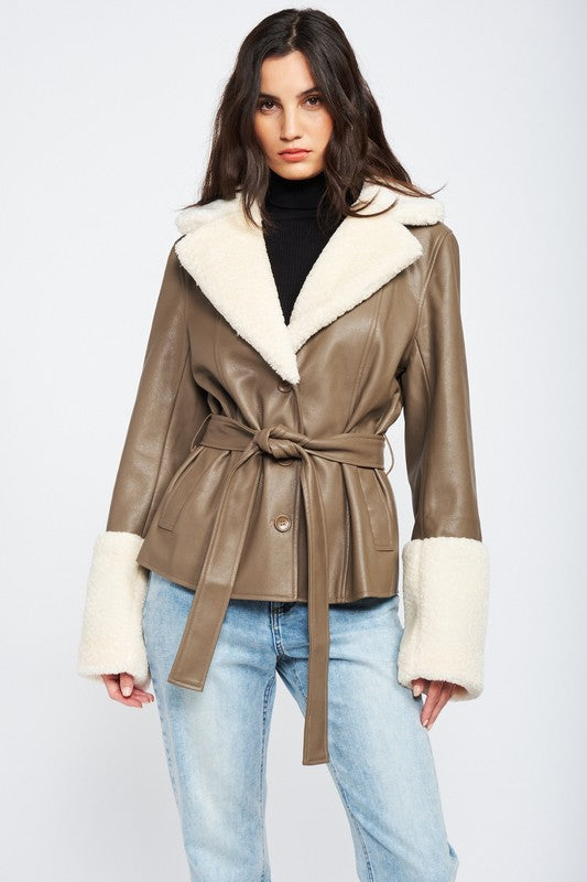 BELTED FAUX SHEARING TRIMMED JACKET - lolaluxeshop