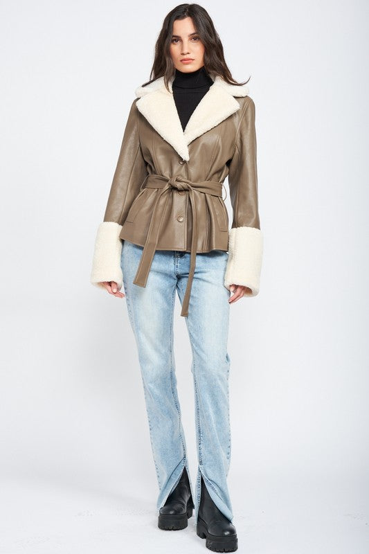 BELTED FAUX SHEARING TRIMMED JACKET - lolaluxeshop