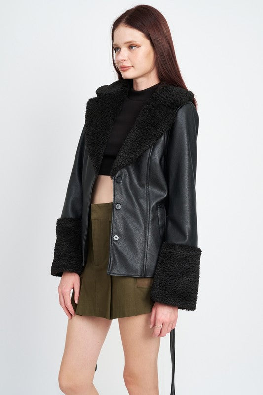 BELTED FAUX SHEARING TRIMMED JACKET - lolaluxeshop