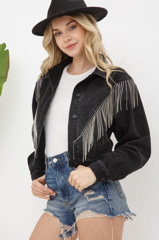 Denim Chevron Fringe Jacket - lolaluxeshop