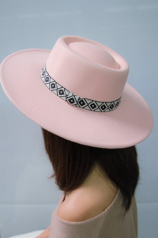 FLAT TOP FELT FEDORA WITH BOHO BAND - lolaluxeshop