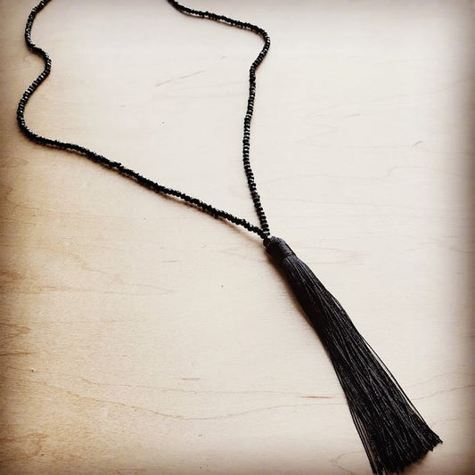 Glass Beaded Necklace w/ Black Fringe Tassel - lolaluxeshop