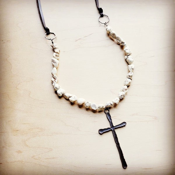 White Turquoise Necklace w/ Large Copper Cross - lolaluxeshop