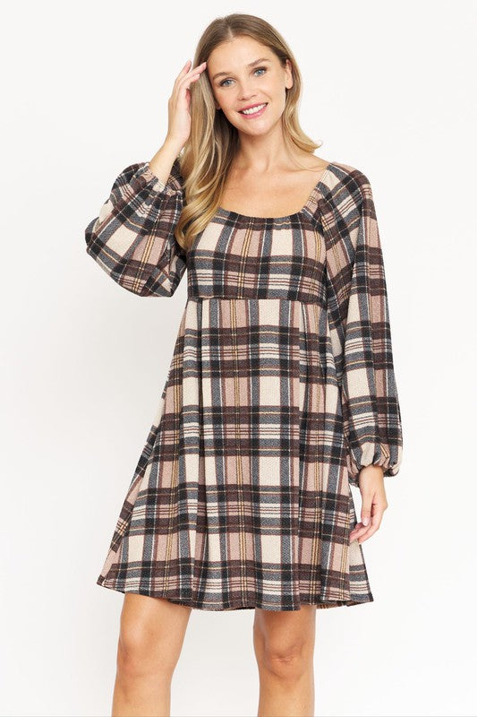 Plus Plaid Balloon Sleeve Midi Dress - lolaluxeshop