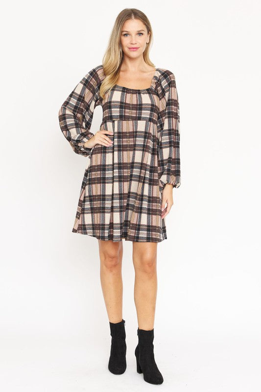 Plus Plaid Balloon Sleeve Midi Dress - lolaluxeshop