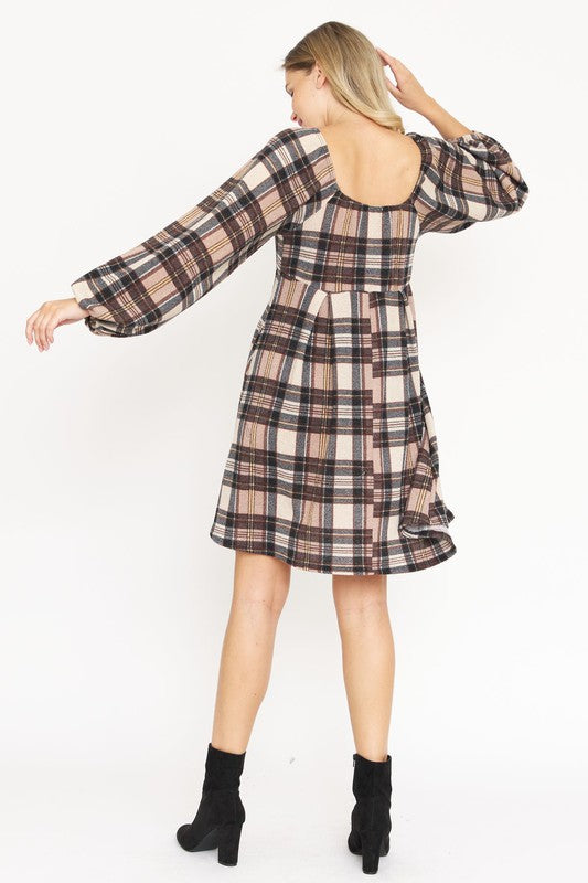 Plus Plaid Balloon Sleeve Midi Dress - lolaluxeshop