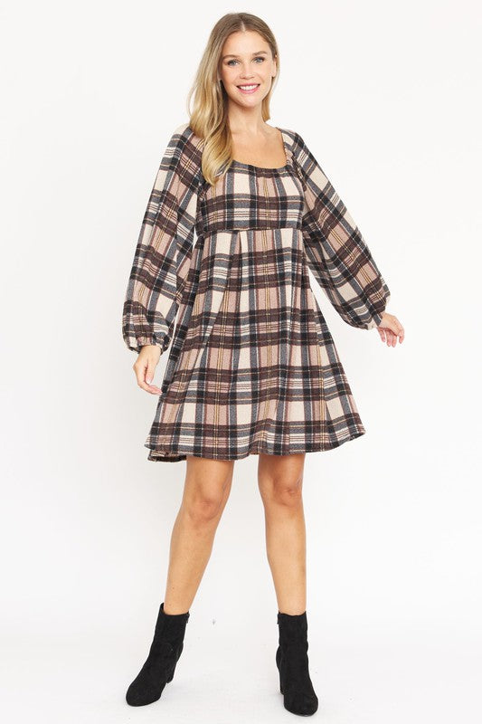 Plus Plaid Balloon Sleeve Midi Dress - lolaluxeshop