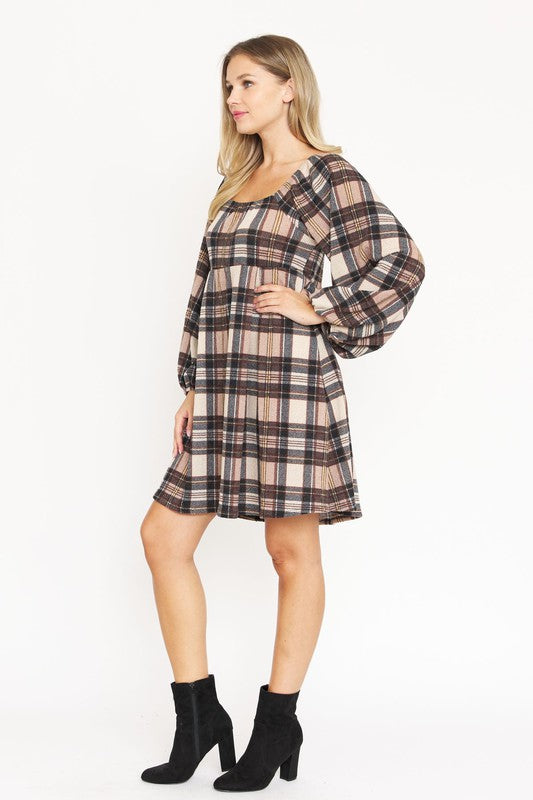 Plus Plaid Balloon Sleeve Midi Dress - lolaluxeshop