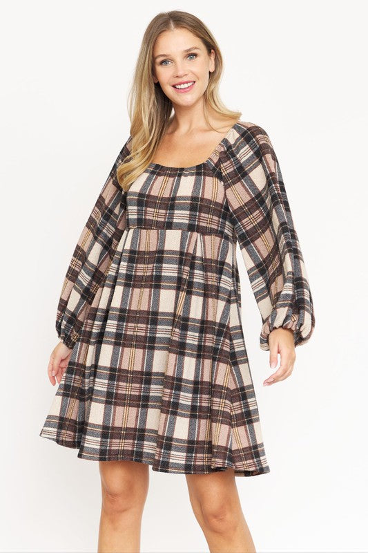 Plus Plaid Balloon Sleeve Midi Dress - lolaluxeshop