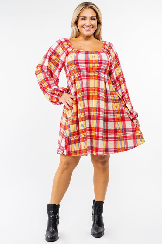 Plus Plaid Balloon Sleeve Midi Dress - lolaluxeshop