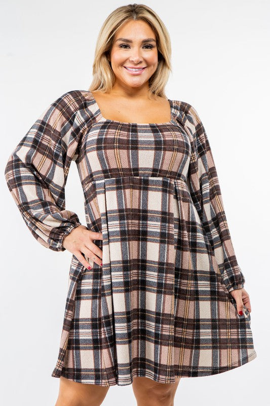 Plus Plaid Balloon Sleeve Midi Dress - lolaluxeshop