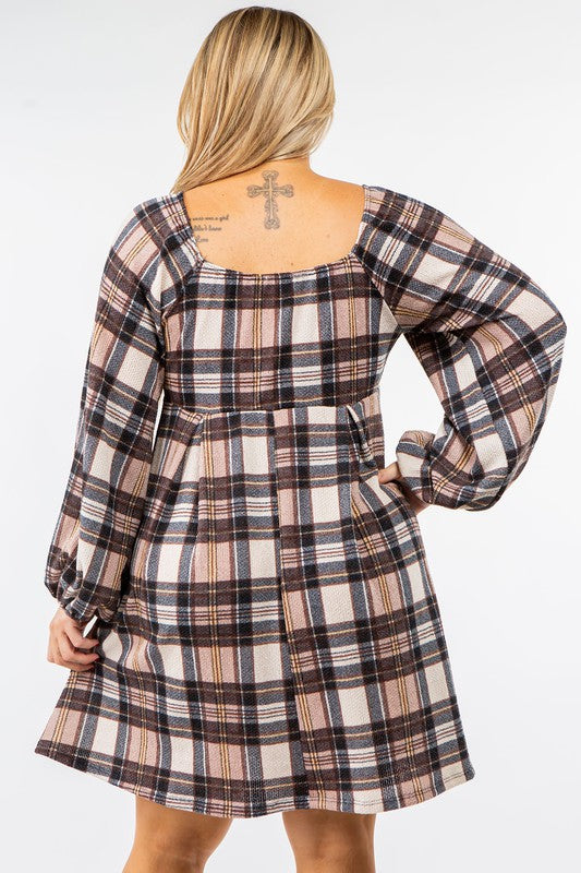 Plus Plaid Balloon Sleeve Midi Dress - lolaluxeshop