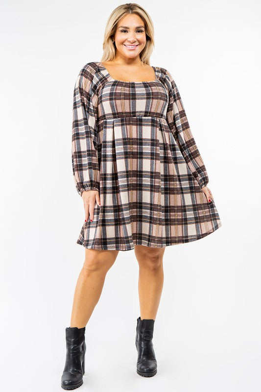 Plus Plaid Balloon Sleeve Midi Dress - lolaluxeshop