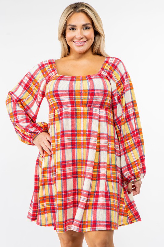 Plus Plaid Balloon Sleeve Midi Dress - lolaluxeshop