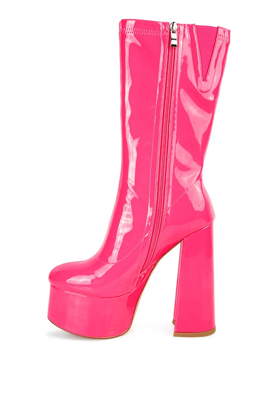 VINKELE Patent PU Platform Heeled Calf Boots - lolaluxeshop